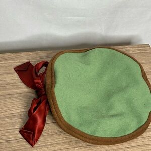 Vintage Green and Brown Beret with Red Bow